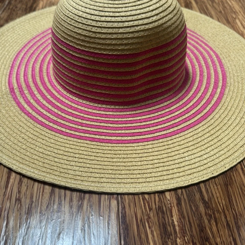 LOFT pink tan stripe woven straw wide brim floppy sun hat size small/medium